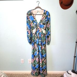 Lush large blue floral dress crop waist look light full skirt sheer longsleeve